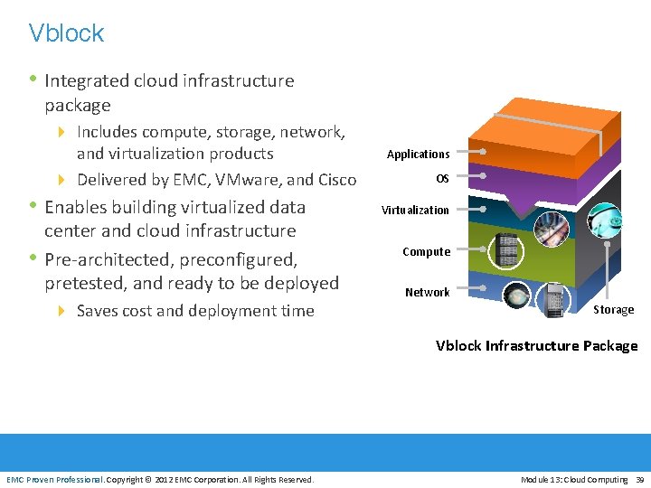 Vblock • Integrated cloud infrastructure package 4 Includes compute, storage, network, and virtualization products