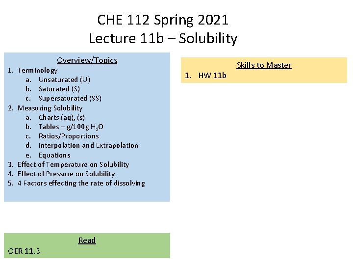 CHE 112 Spring 2021 Lecture 11 b – Solubility Overview/Topics 1. Terminology a. Unsaturated