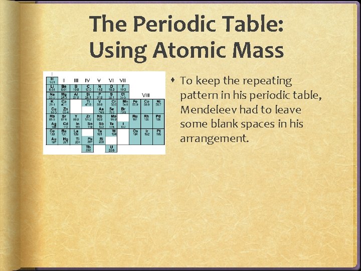 The Periodic Table: Using Atomic Mass To keep the repeating pattern in his periodic The Periodic Table: Using Atomic Mass To keep the repeating pattern in his periodic