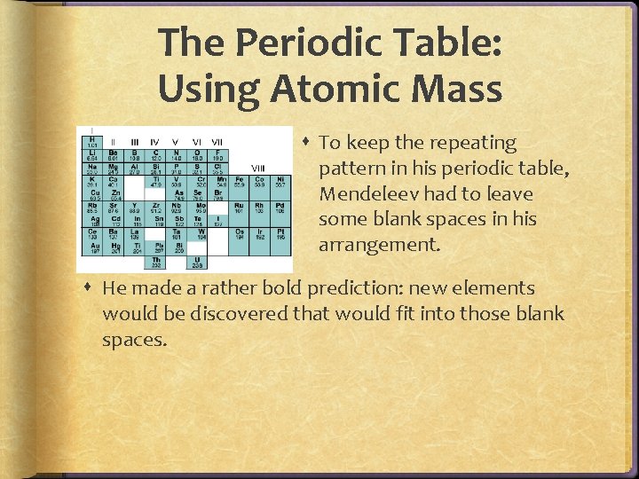 The Periodic Table: Using Atomic Mass To keep the repeating pattern in his periodic The Periodic Table: Using Atomic Mass To keep the repeating pattern in his periodic