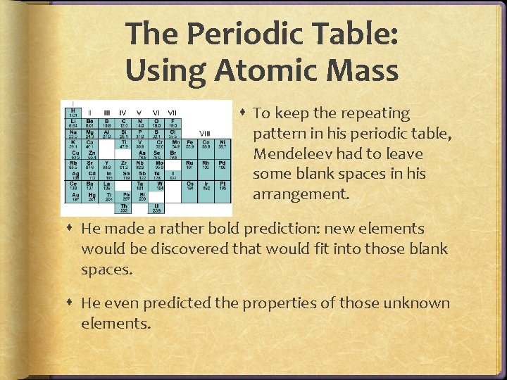 The Periodic Table: Using Atomic Mass To keep the repeating pattern in his periodic The Periodic Table: Using Atomic Mass To keep the repeating pattern in his periodic