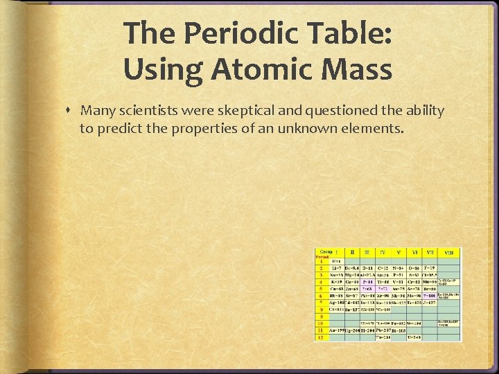 The Periodic Table: Using Atomic Mass Many scientists were skeptical and questioned the ability The Periodic Table: Using Atomic Mass Many scientists were skeptical and questioned the ability