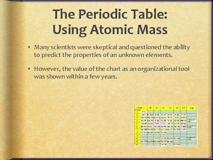 The Periodic Table: Using Atomic Mass Many scientists were skeptical and questioned the ability The Periodic Table: Using Atomic Mass Many scientists were skeptical and questioned the ability