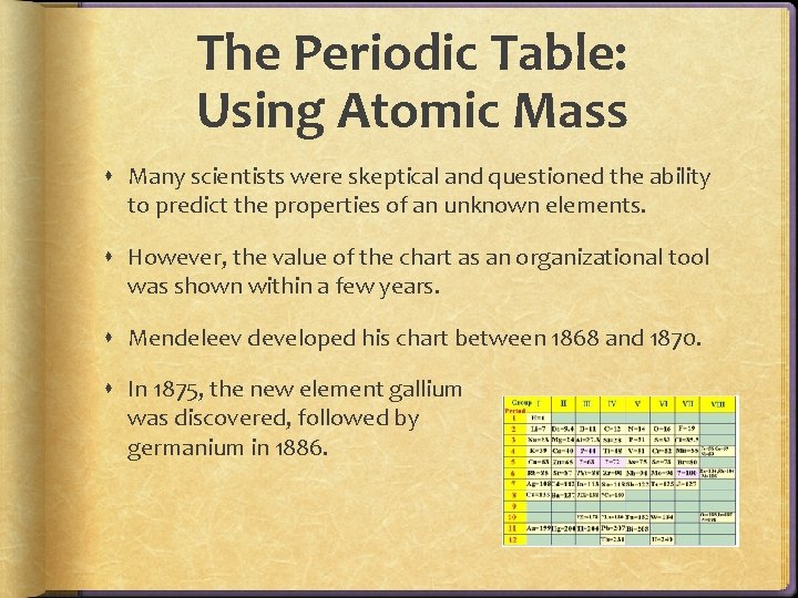 The Periodic Table: Using Atomic Mass Many scientists were skeptical and questioned the ability The Periodic Table: Using Atomic Mass Many scientists were skeptical and questioned the ability