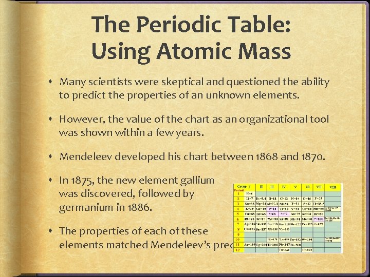 The Periodic Table: Using Atomic Mass Many scientists were skeptical and questioned the ability The Periodic Table: Using Atomic Mass Many scientists were skeptical and questioned the ability