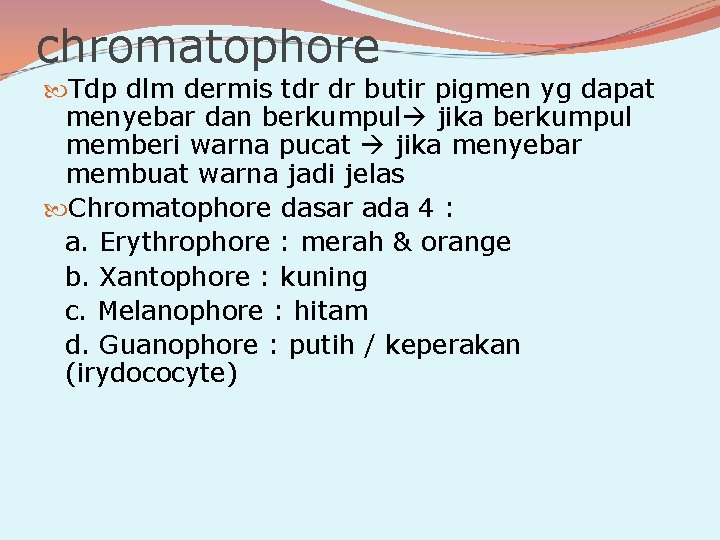 chromatophore Tdp dlm dermis tdr dr butir pigmen yg dapat menyebar dan berkumpul jika