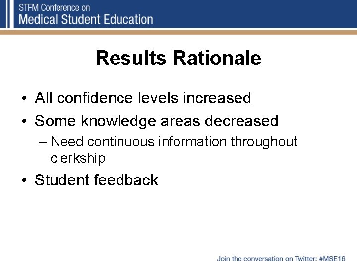 Results Rationale • All confidence levels increased • Some knowledge areas decreased – Need