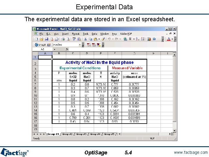 Experimental Data The experimental data are stored in an Excel spreadsheet. Opti. Sage 5.