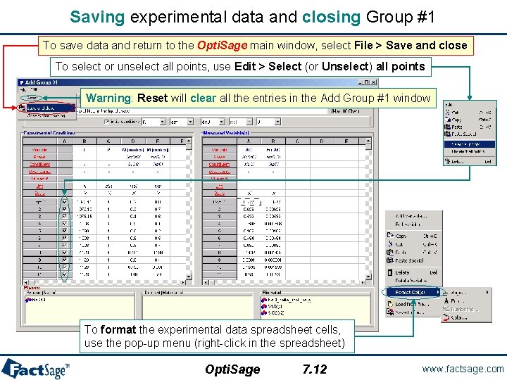 Saving experimental data and closing Group #1 To save data and return to the