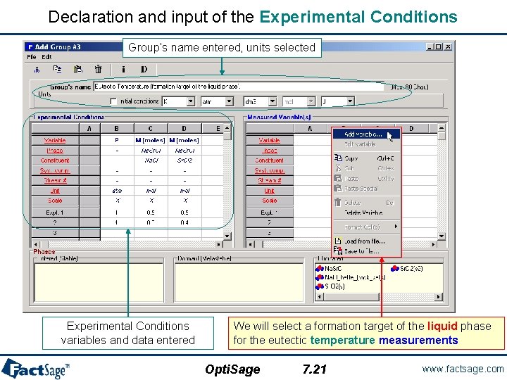 Declaration and input of the Experimental Conditions Group’s name entered, units selected Experimental Conditions