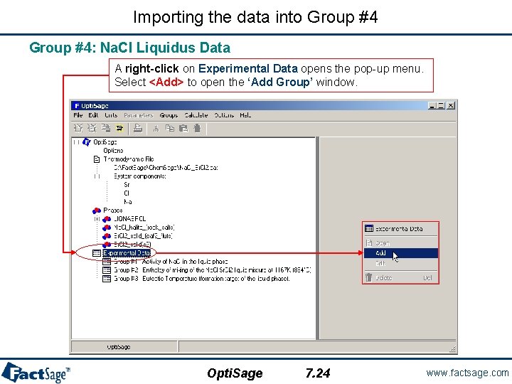 Importing the data into Group #4: Na. Cl Liquidus Data A right-click on Experimental