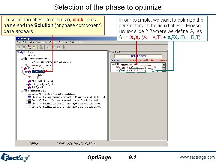 Selection of the phase to optimize To select the phase to optimize, click on