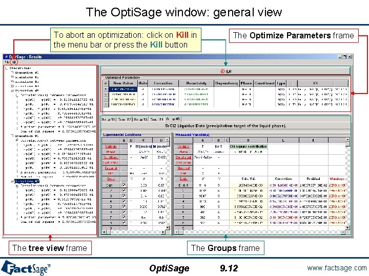 The Opti. Sage window: general view To abort an optimization: click on Kill in