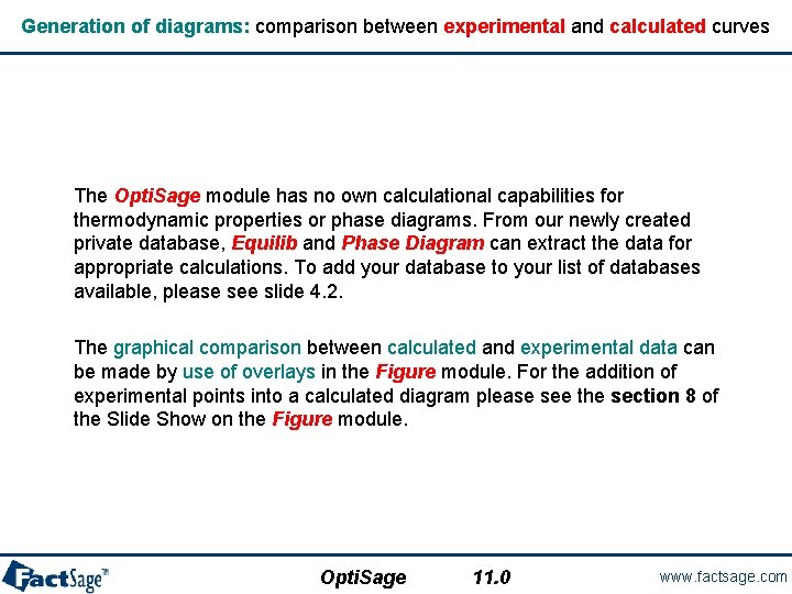 Generation of diagrams: comparison between experimental and calculated curves The Opti. Sage module has