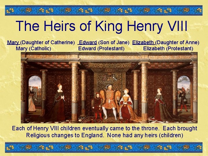 The Heirs of King Henry VIII Mary (Daughter of Catherine) Edward (Son of Jane) The Heirs of King Henry VIII Mary (Daughter of Catherine) Edward (Son of Jane)