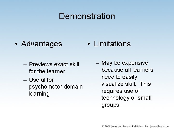 Demonstration • Advantages – Previews exact skill for the learner – Useful for psychomotor