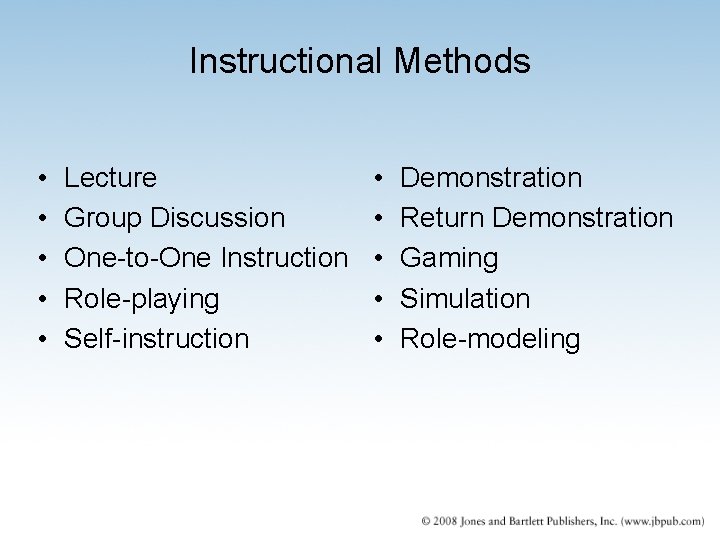 Instructional Methods • • • Lecture Group Discussion One-to-One Instruction Role-playing Self-instruction • •