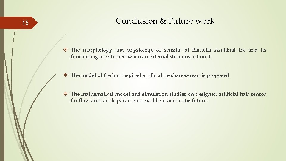 15 Conclusion & Future work The morphology and physiology of sensilla of Blattella Asahinai 15 Conclusion & Future work The morphology and physiology of sensilla of Blattella Asahinai