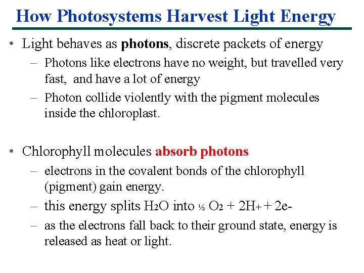 How Photosystems Harvest Light Energy • Light behaves as photons, discrete packets of energy