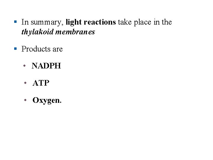 § In summary, light reactions take place in the thylakoid membranes § Products are