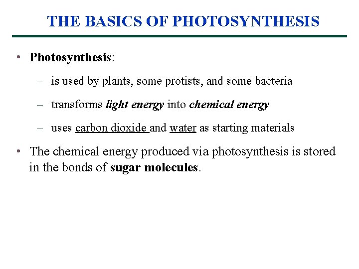 THE BASICS OF PHOTOSYNTHESIS • Photosynthesis: – is used by plants, some protists, and