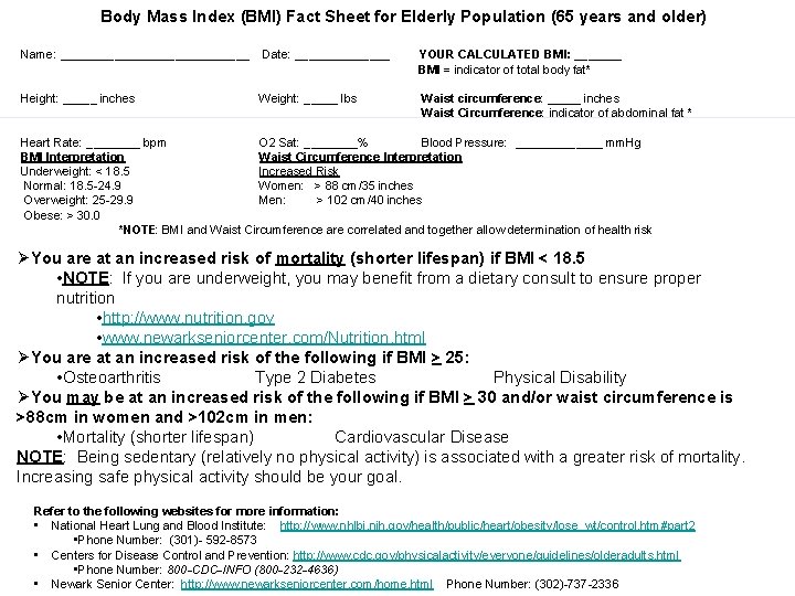 Body Mass Index (BMI) Fact Sheet for Elderly Population (65 years and older) Name: