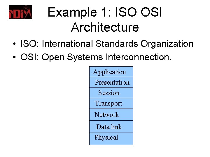 Example 1: ISO OSI Architecture • ISO: International Standards Organization • OSI: Open Systems