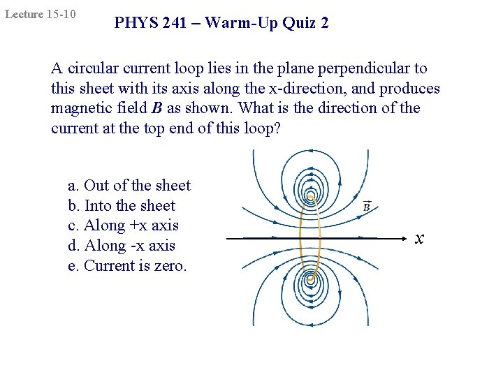 Lecture 15 -10 PHYS 241 – Warm-Up Quiz 2 A circular current loop lies
