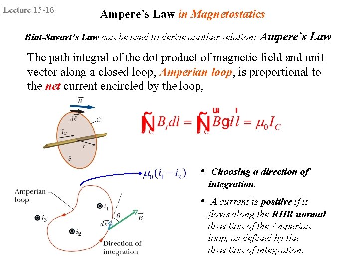 Lecture 15 -16 Ampere’s Law in Magnetostatics Biot-Savart’s Law can be used to derive