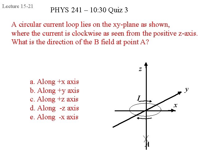 Lecture 15 -21 PHYS 241 – 10: 30 Quiz 3 A circular current loop