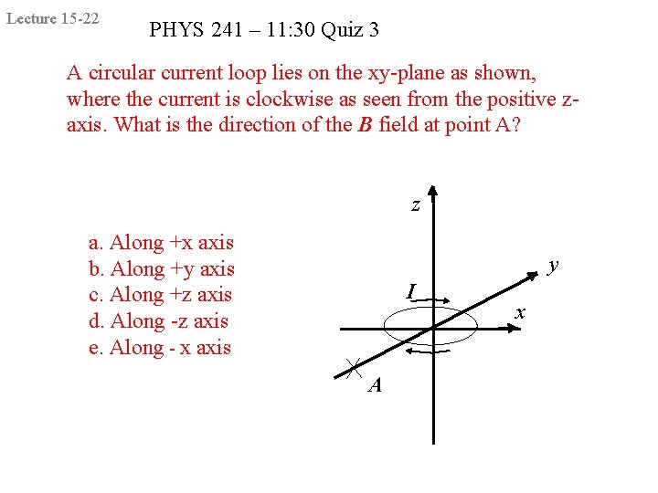 Lecture 15 -22 PHYS 241 – 11: 30 Quiz 3 A circular current loop