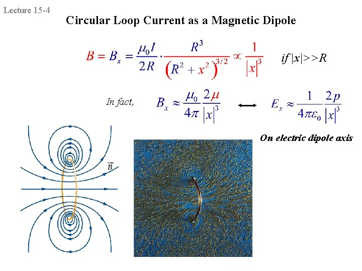 Lecture 15 -4 Circular Loop Current as a Magnetic Dipole if |x|>>R In fact,