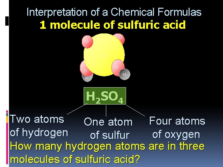 Interpretation of a Chemical Formulas 1 molecule of sulfuric acid O O S O