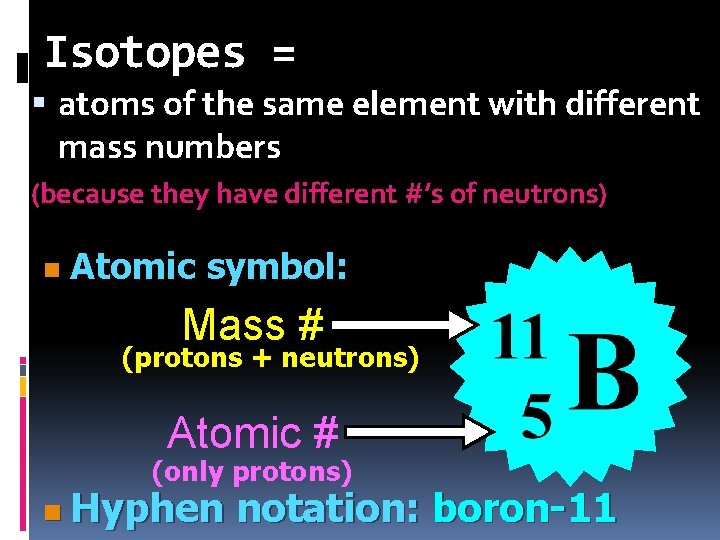 Isotopes = atoms of the same element with different mass numbers (because they have