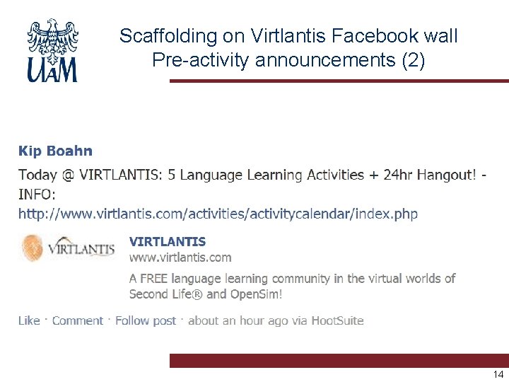 Scaffolding on Virtlantis Facebook wall Pre-activity announcements (2) 14 