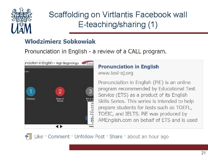 Scaffolding on Virtlantis Facebook wall E-teaching/sharing (1) 21 
