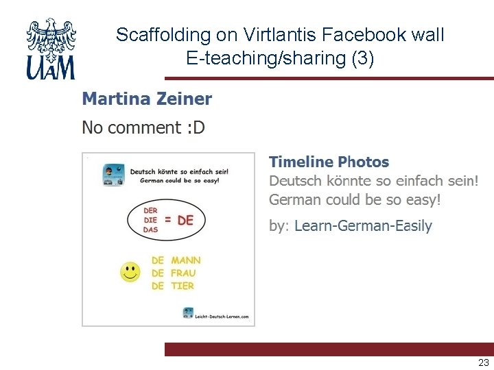 Scaffolding on Virtlantis Facebook wall E-teaching/sharing (3) 23 