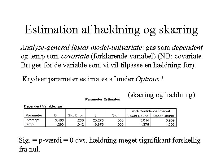 Estimation af hældning og skæring Analyze-general linear model-univariate: gas som dependent og temp som