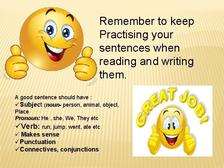 Remember to keep Practising your sentences when reading and writing them. A good sentence