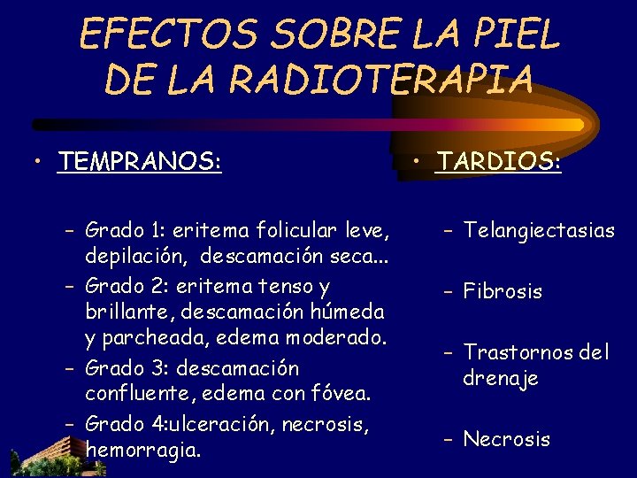 EFECTOS SOBRE LA PIEL DE LA RADIOTERAPIA • TEMPRANOS: – Grado 1: eritema folicular EFECTOS SOBRE LA PIEL DE LA RADIOTERAPIA • TEMPRANOS: – Grado 1: eritema folicular