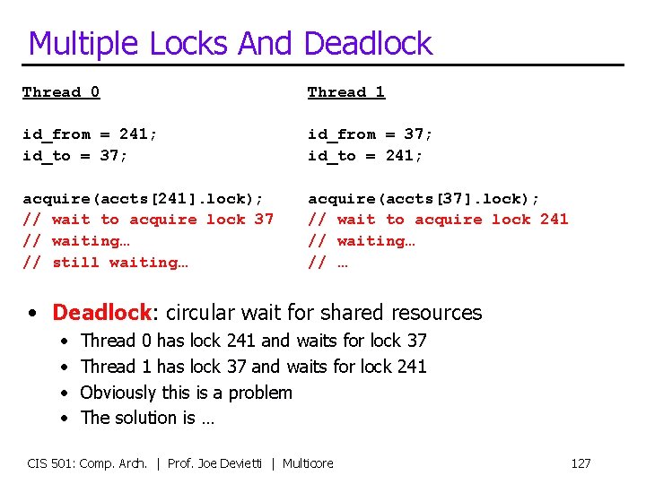 Multiple Locks And Deadlock Thread 0 Thread 1 id_from = 241; id_to = 37;