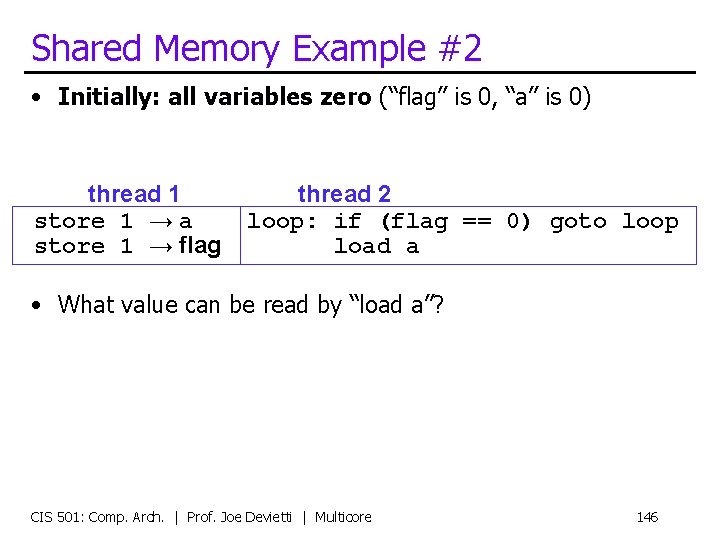 Shared Memory Example #2 • Initially: all variables zero (“flag” is 0, “a” is