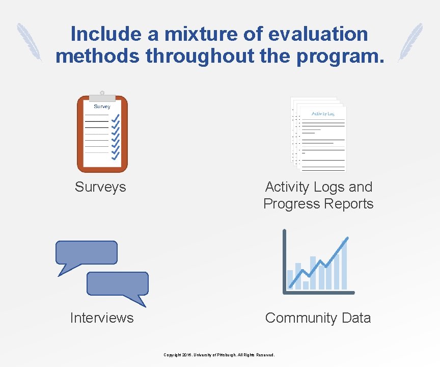 Include a mixture of evaluation methods throughout the program. Surveys Activity Logs and Progress