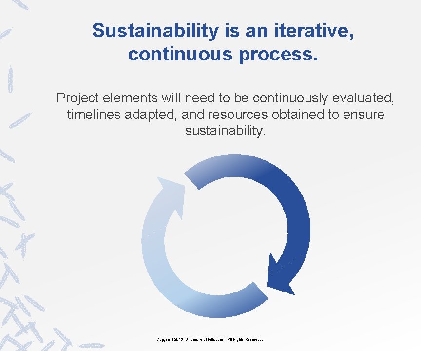 Sustainability is an iterative, continuous process. Project elements will need to be continuously evaluated,