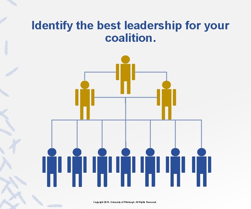 Identify the best leadership for your coalition. Copyright 2016, University of Pittsburgh. All Rights