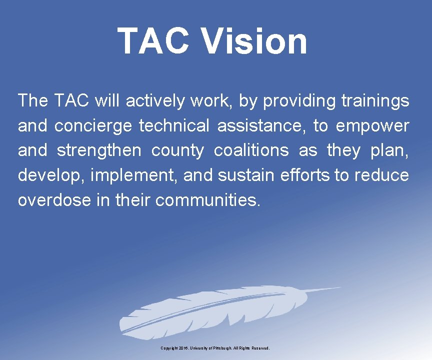 TAC Vision The TAC will actively work, by providing trainings and concierge technical assistance,