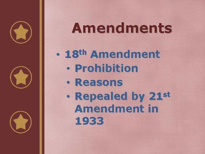 Amendments • 18 th Amendment • Prohibition • Reasons • Repealed by 21 st