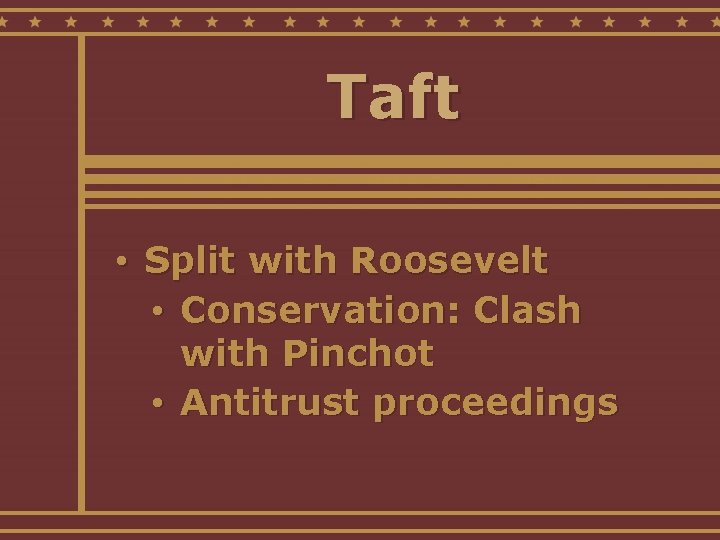Taft • Split with Roosevelt • Conservation: Clash with Pinchot • Antitrust proceedings 