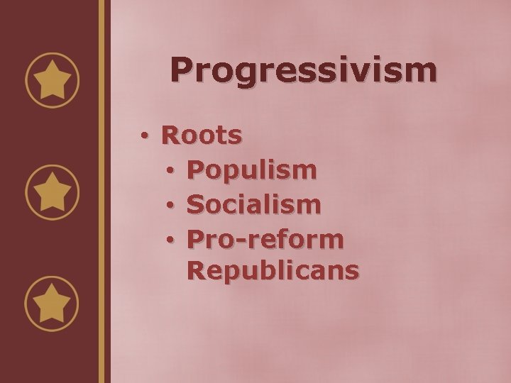 Progressivism • Roots • Populism • Socialism • Pro-reform Republicans 