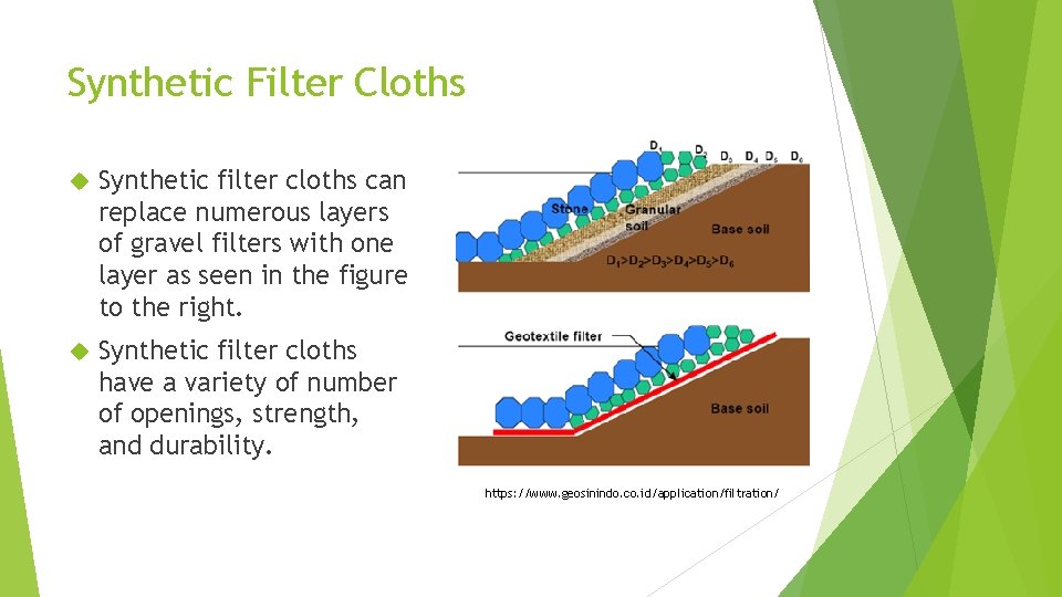 Synthetic Filter Cloths Synthetic filter cloths can replace numerous layers of gravel filters with
